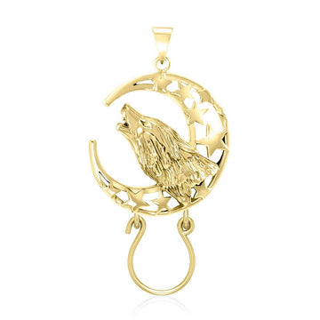 Baying Wolf and Moon 14 K Solid Gold Charm Holder Pendant GPD5083 - Jewelry